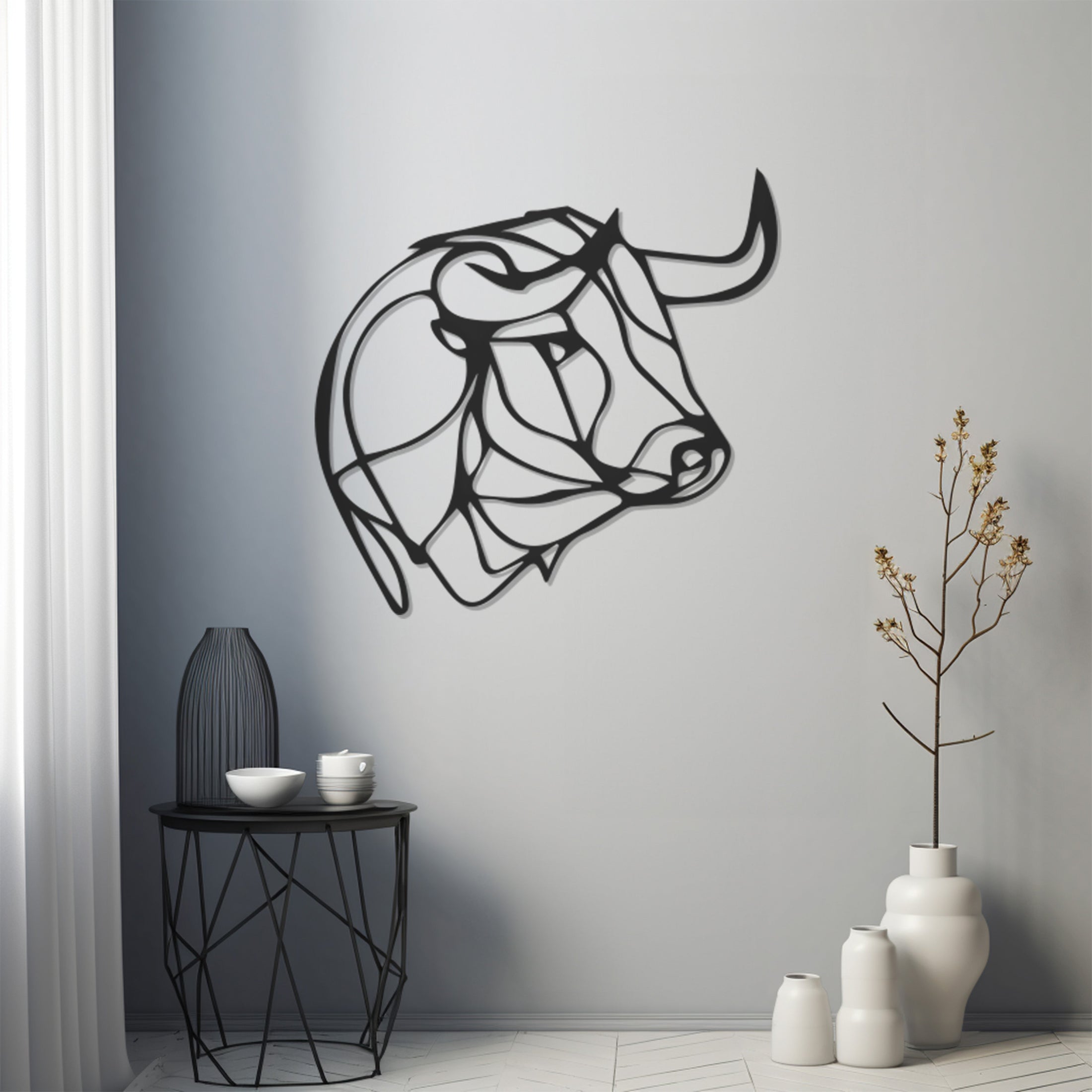 Geometric Bull Figure Line Art Metal Wall Art