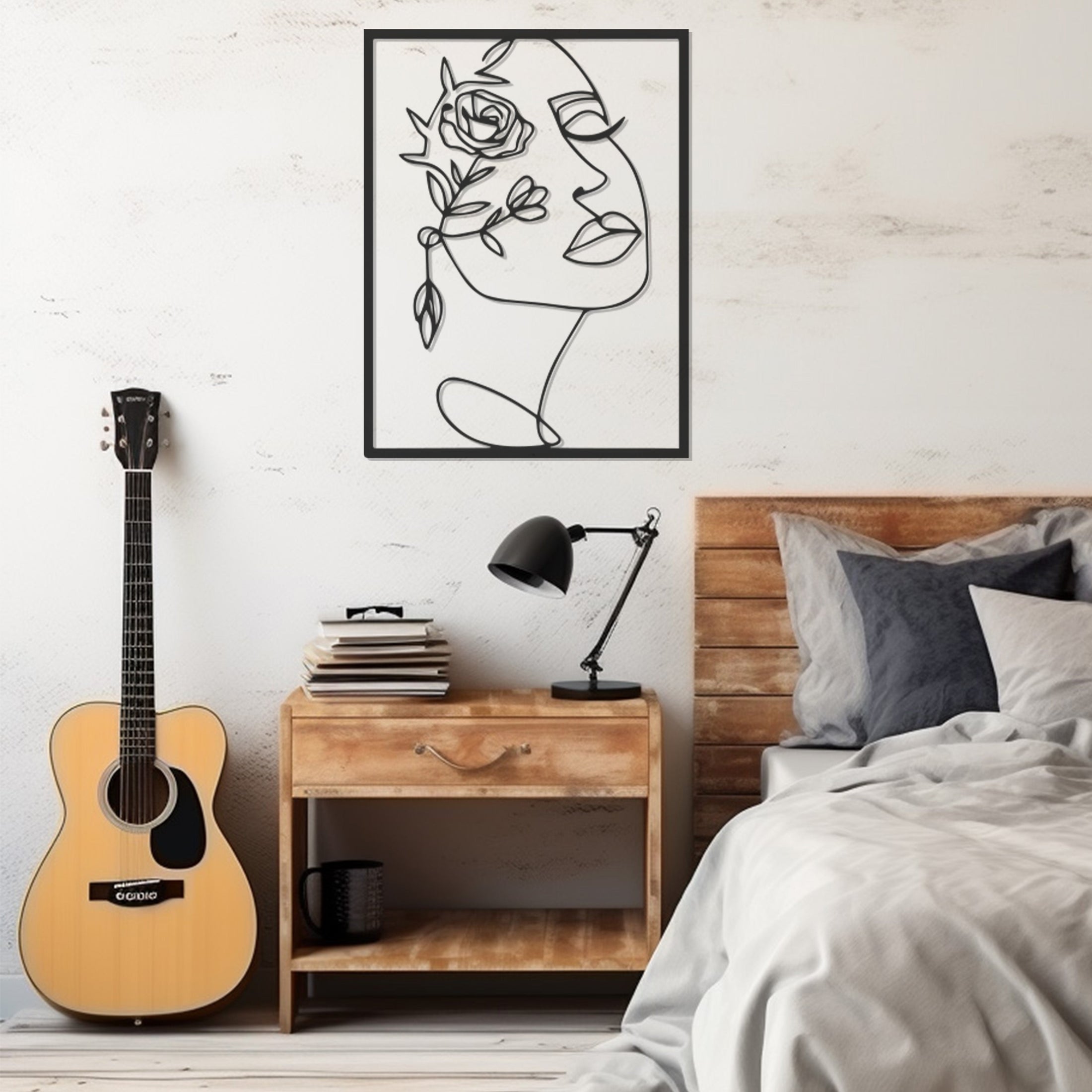 Silhouette Of Woman Face With Rose Line Art Metal Wall Art