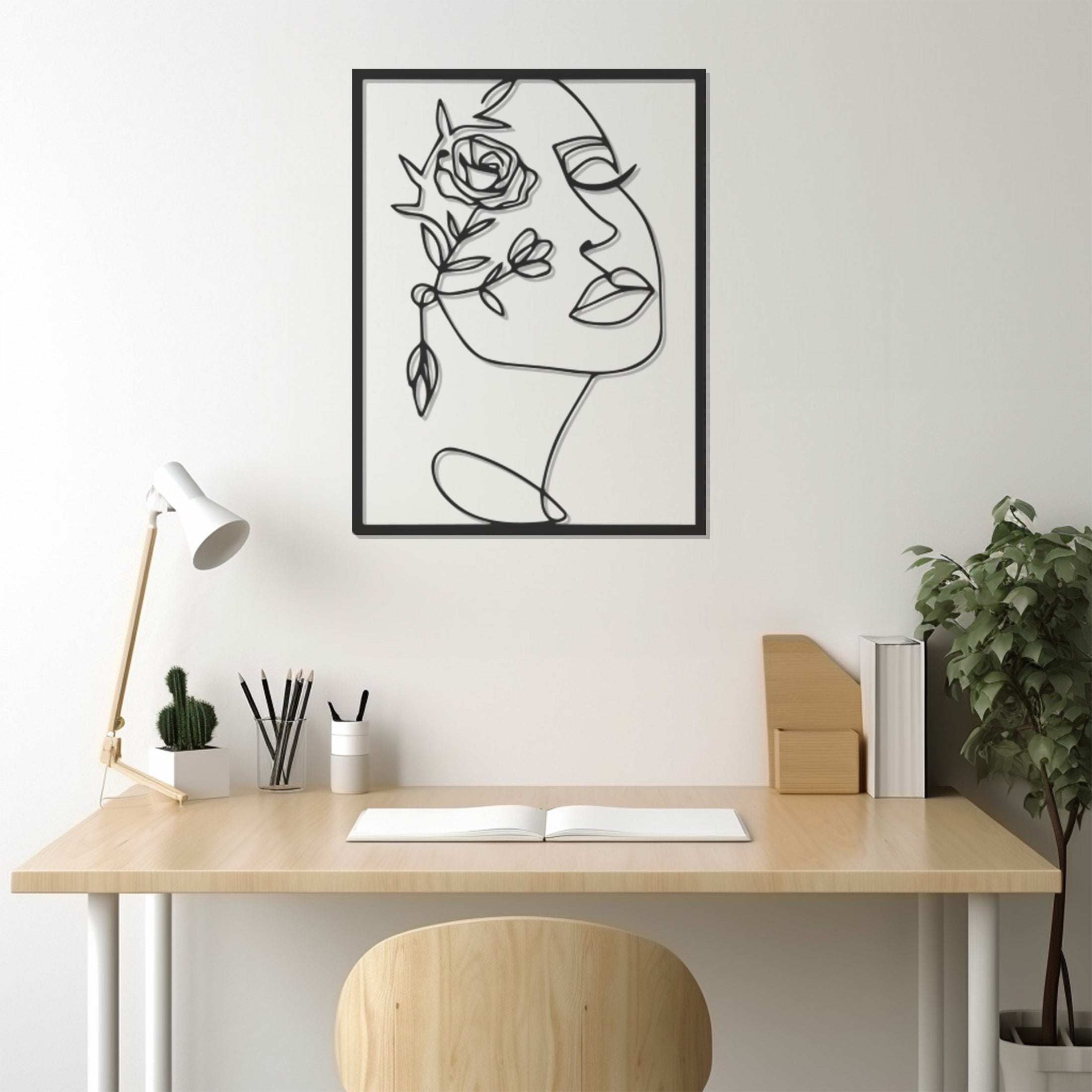 Silhouette Of Woman Face With Rose Line Art Metal Wall Art