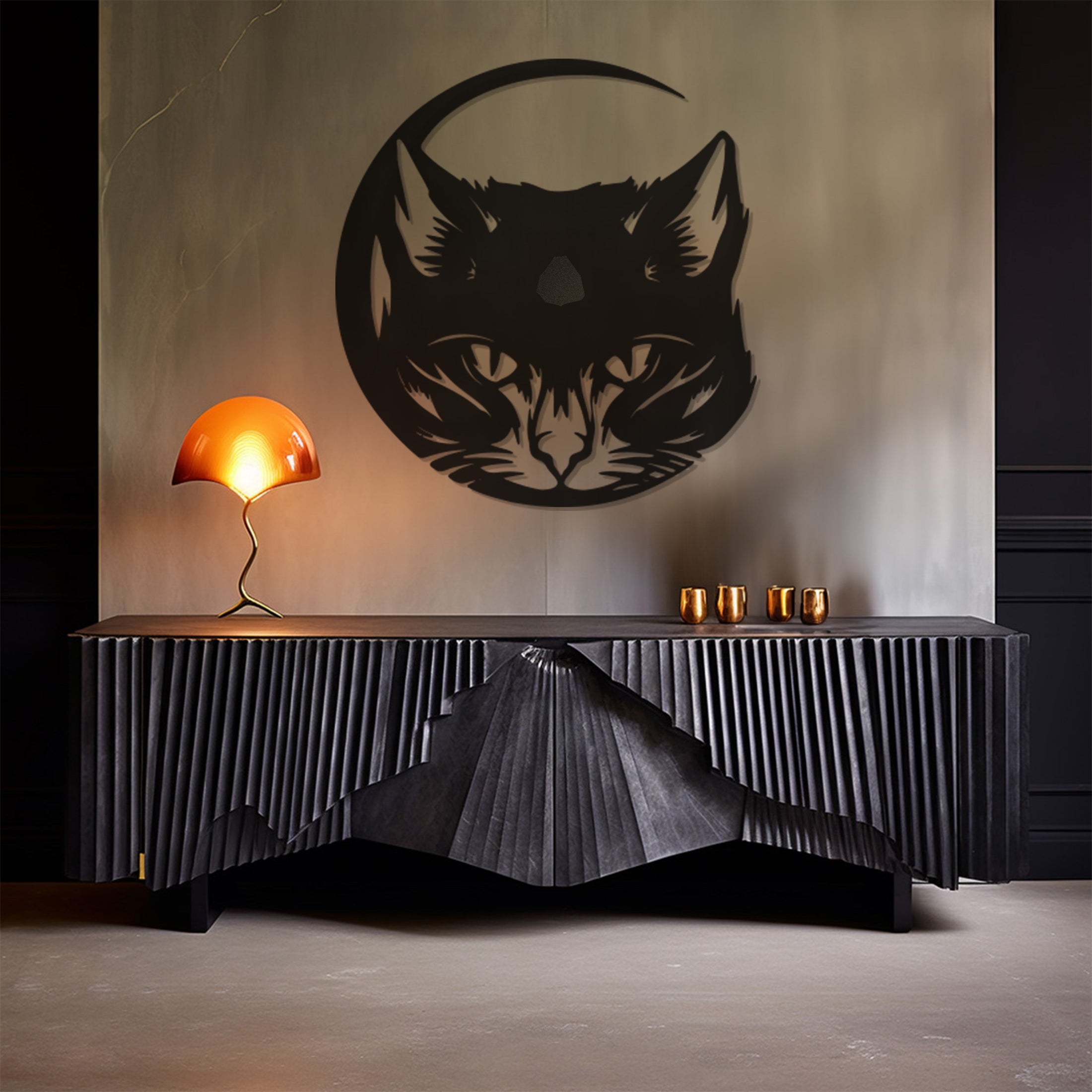 Silhouette Of The Cat'S Head Over The Crescent Metal Wall Art