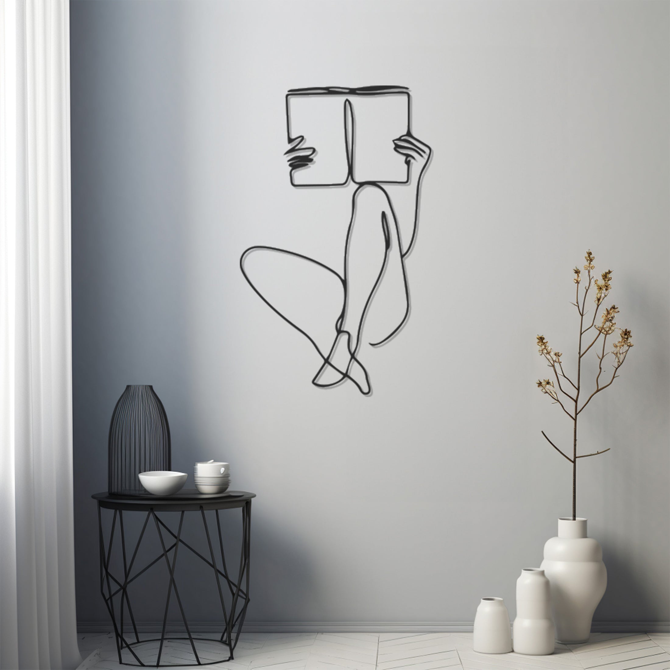 Silhouette Of Woman Reading Book Line Art Metal Wall Art