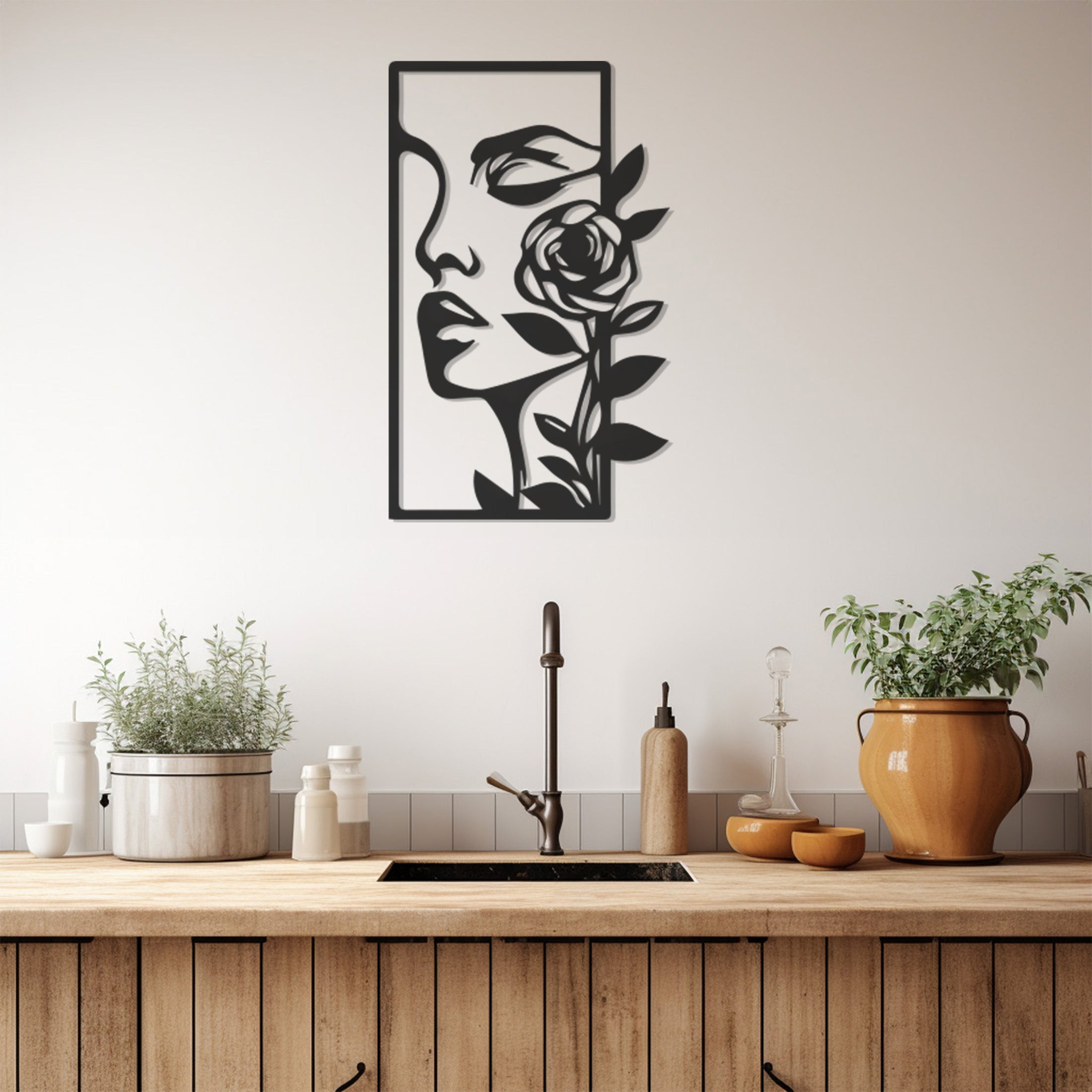 Silhouette Of Woman With Flower On Face Line Art Metal Wall Art