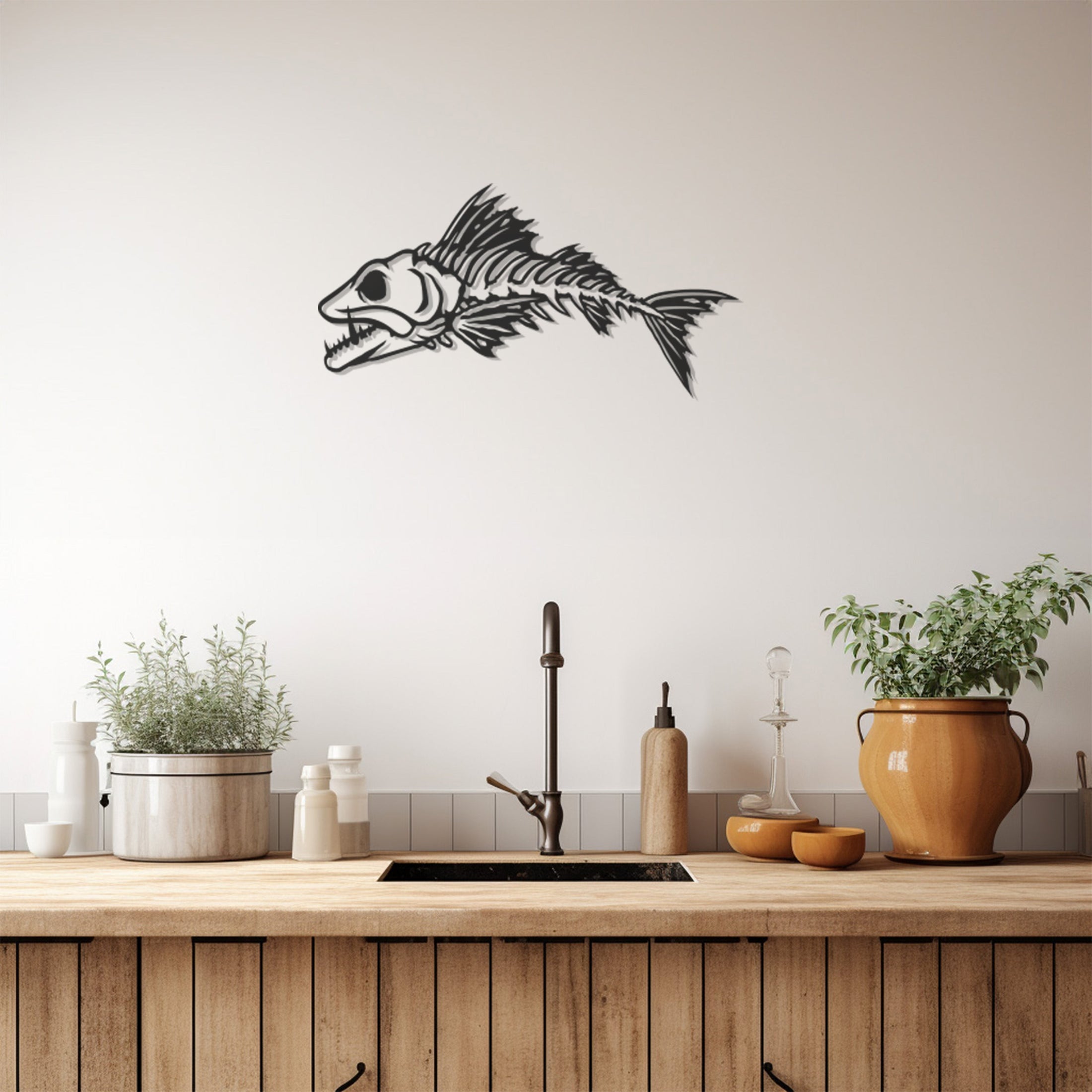 Looking Angry,Fish Skeleton Icon Metal Wall Art, Metal Wall art