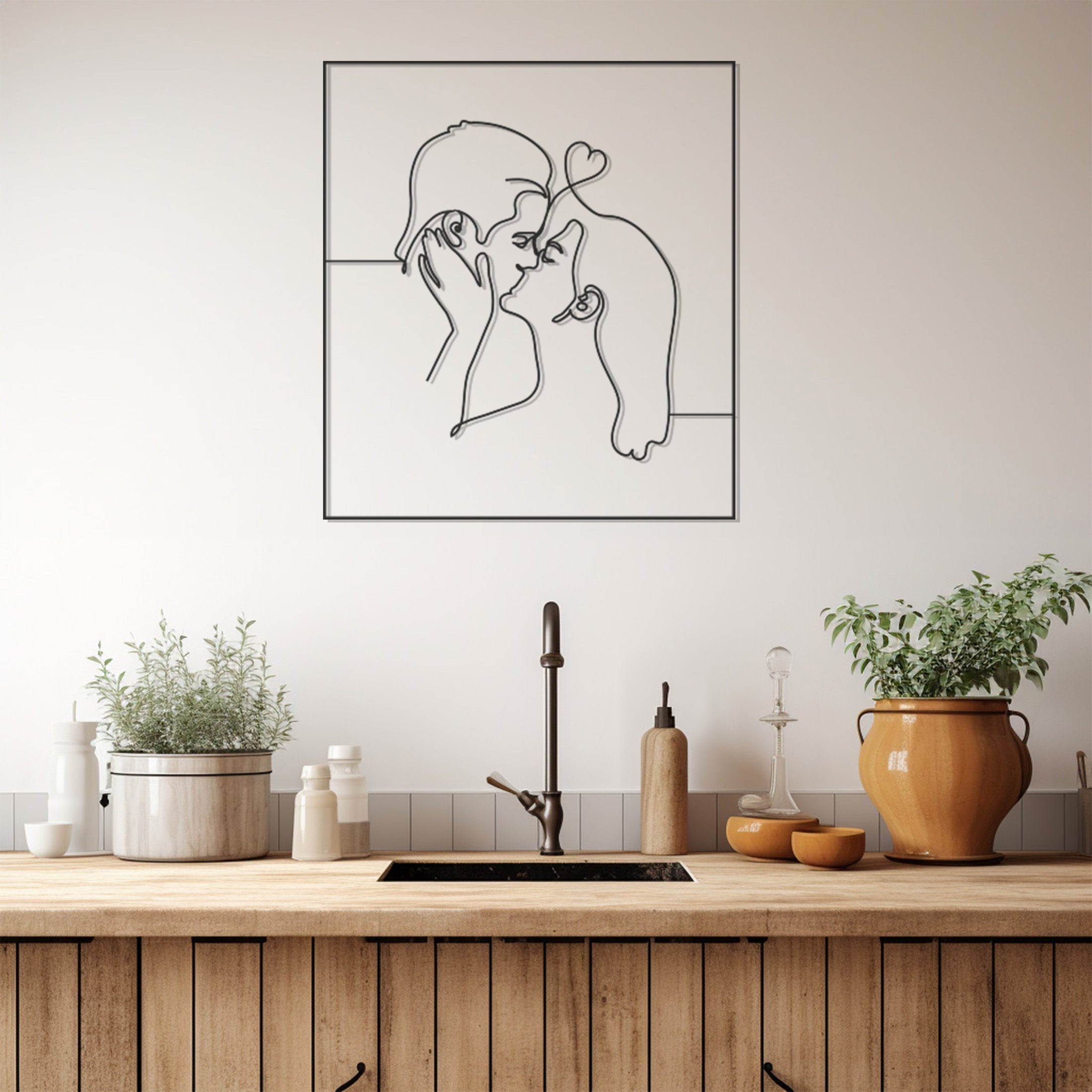 Kissing Lovers Silhouette Drawn With Line Art Technique Metal Wall Decor