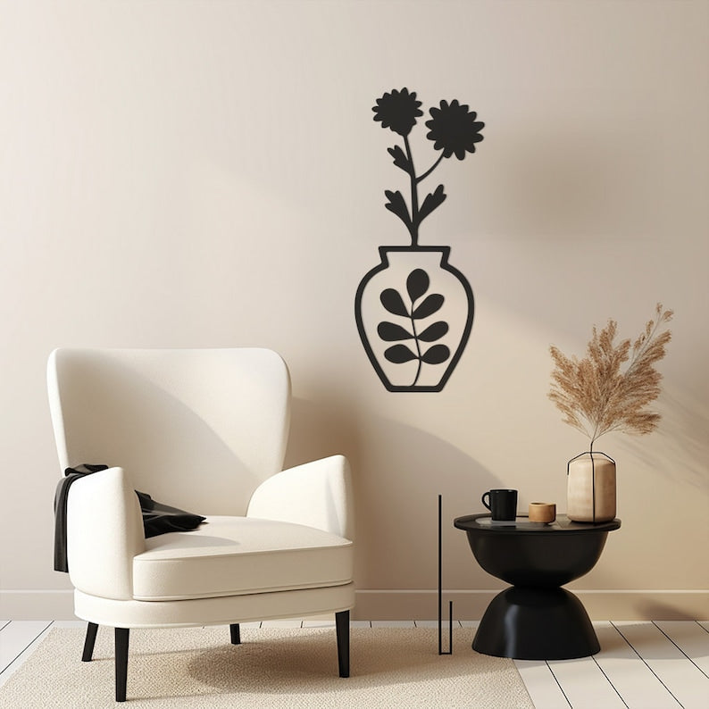 Floral Vase Metal Wall Art for Living Rooms, Entryway - Chic Monochrome Decor